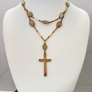 Vintage Gold Cross Pendant Necklace with Citrine Accents